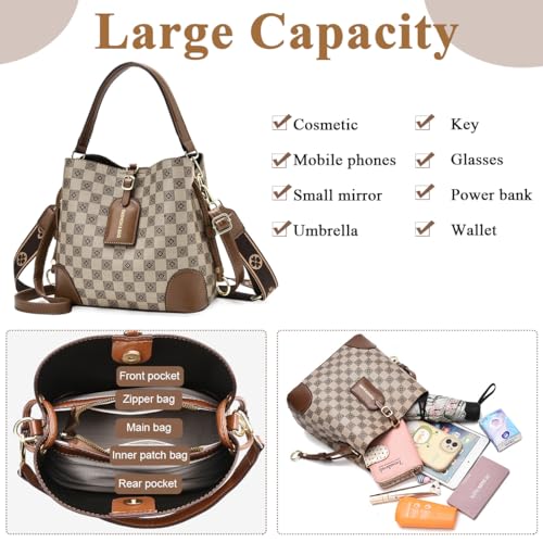 PALAY® PU Bucket Bag for Women Fashion Check Pattern Crossbody with Detachable Shoulder Belt Daily Versatile 3 PCS PALAY® PU Bucket Bag for Women Fashion Check Pattern Crossbody with Detachable Shoulder Belt Daily Versatile 3 PCS
